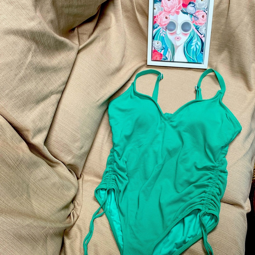 Stoney clover green bathing one piece pink hardware decorative cinched unworn